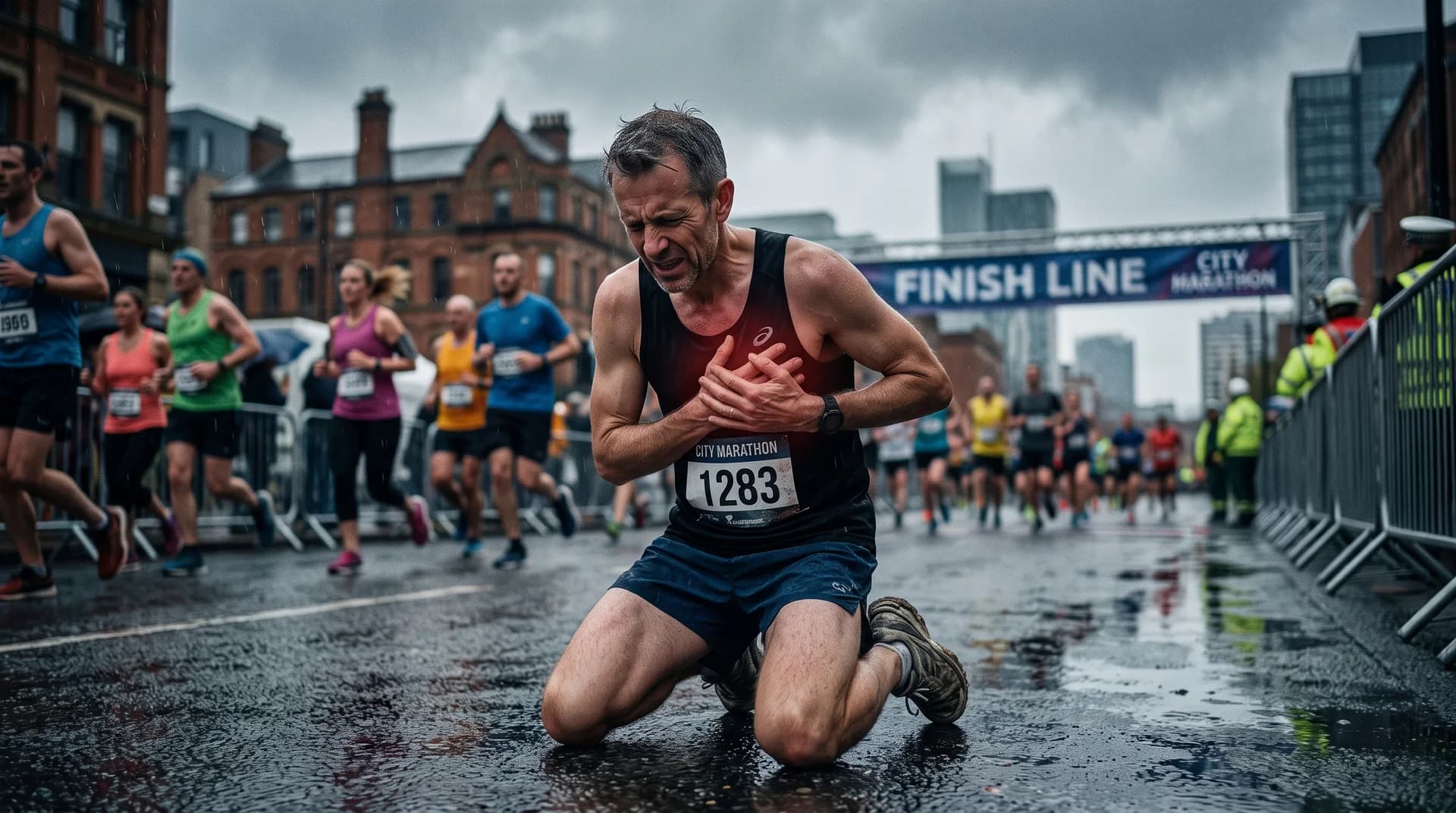 Marathon runner clutching his chest